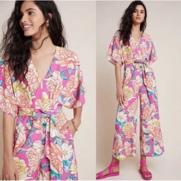 FARM Rio Pants - NWT Farm Rio Eulalie Floral Pink Jumpsuit Wide Leg Pockets V Neck Crop Sz XS